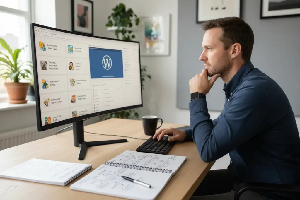 Empreendedor escolhendo nicho de mercado para blog WordPress.