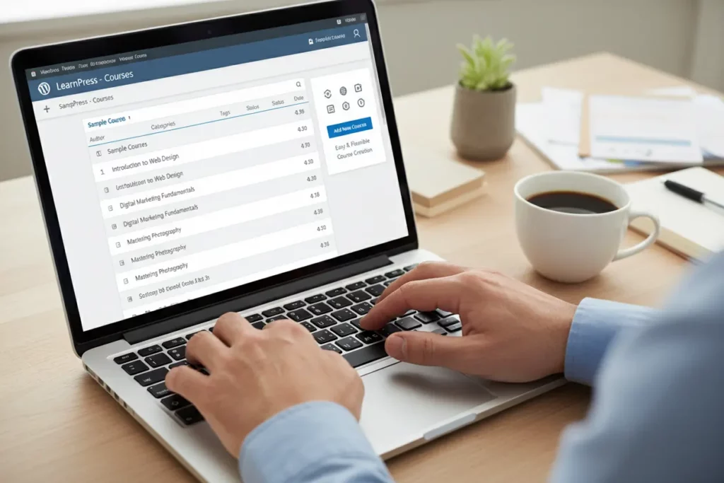 Interface de criação de cursos e lições no plugin LearnPress