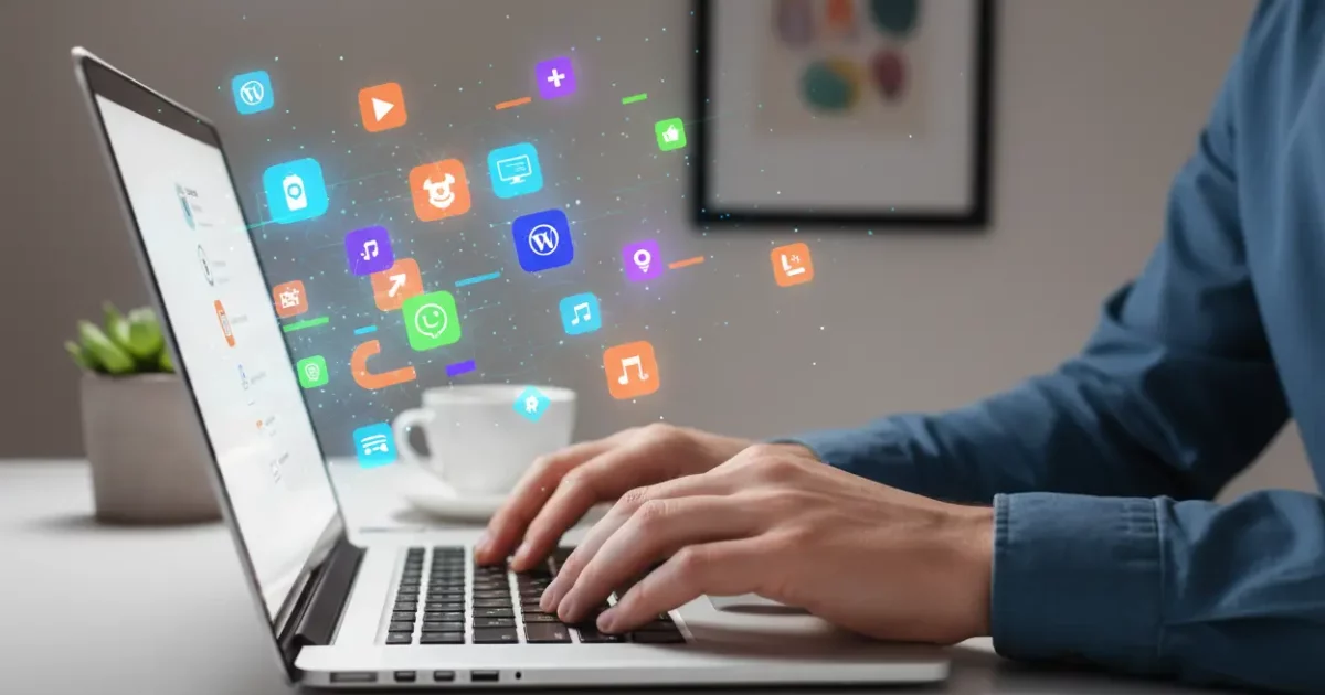 Mãos digitando em laptop com elementos de plugins para Gutenberg flutuando