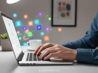 Mãos digitando em laptop com elementos de plugins para Gutenberg flutuando