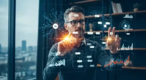 Executivo analisando fluxos de automação com inteligência artificial em escritório moderno – Marketing Digital WPX