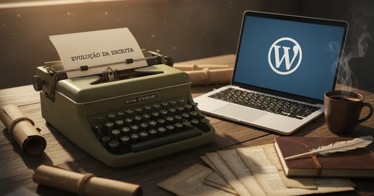Uma máquina de escrever antiga e um laptop com o logo do WordPress, simbolizando a história do WordPress.