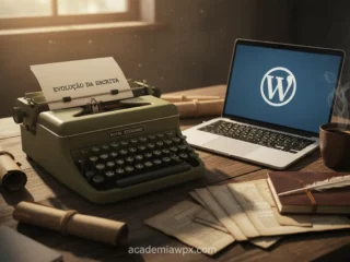 Uma máquina de escrever antiga e um laptop com o logo do WordPress, simbolizando a história do WordPress.