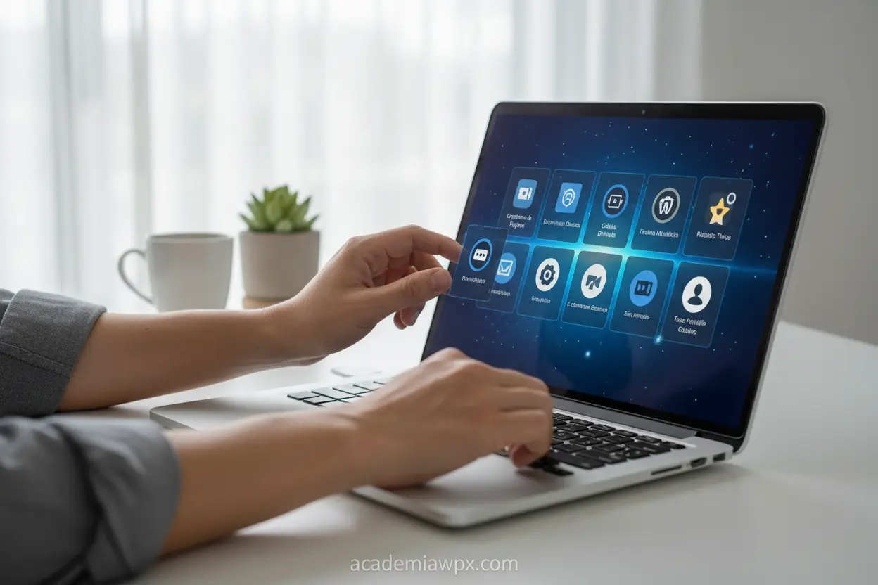 Mãos usando um tablet com ícones de plugins e temas do WordPress.