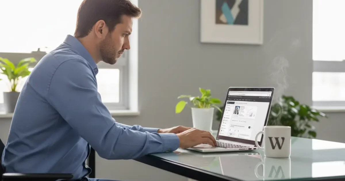 Homem criando site WordPress para negócio
