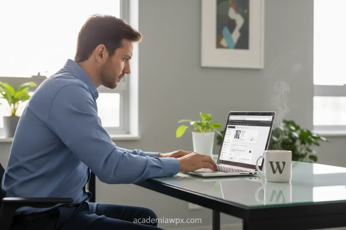 Homem criando site WordPress para negócio