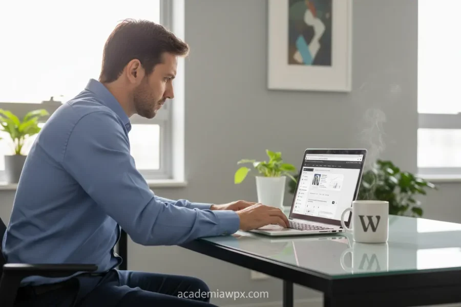 Homem criando site WordPress para negócio