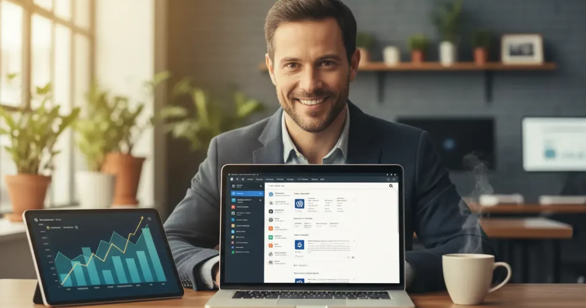 Empreendedor usando WordPress no laptop