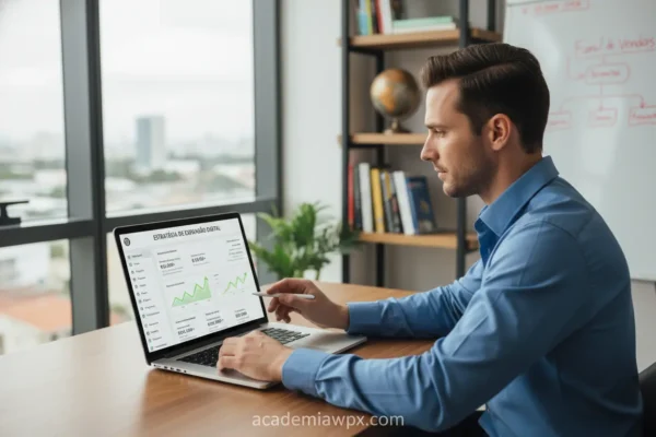 Homem trabalhando em laptop com WordPress para expansão de negócios