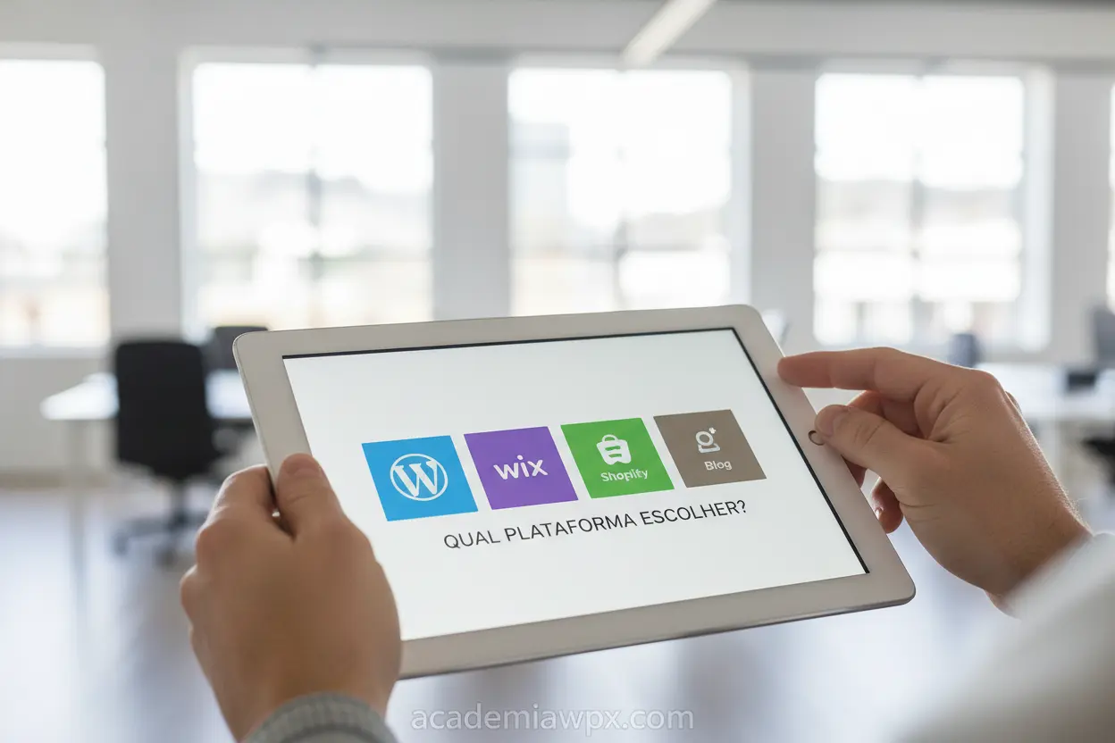 Mãos selecionando a plataforma ideal para desenvolver um site.