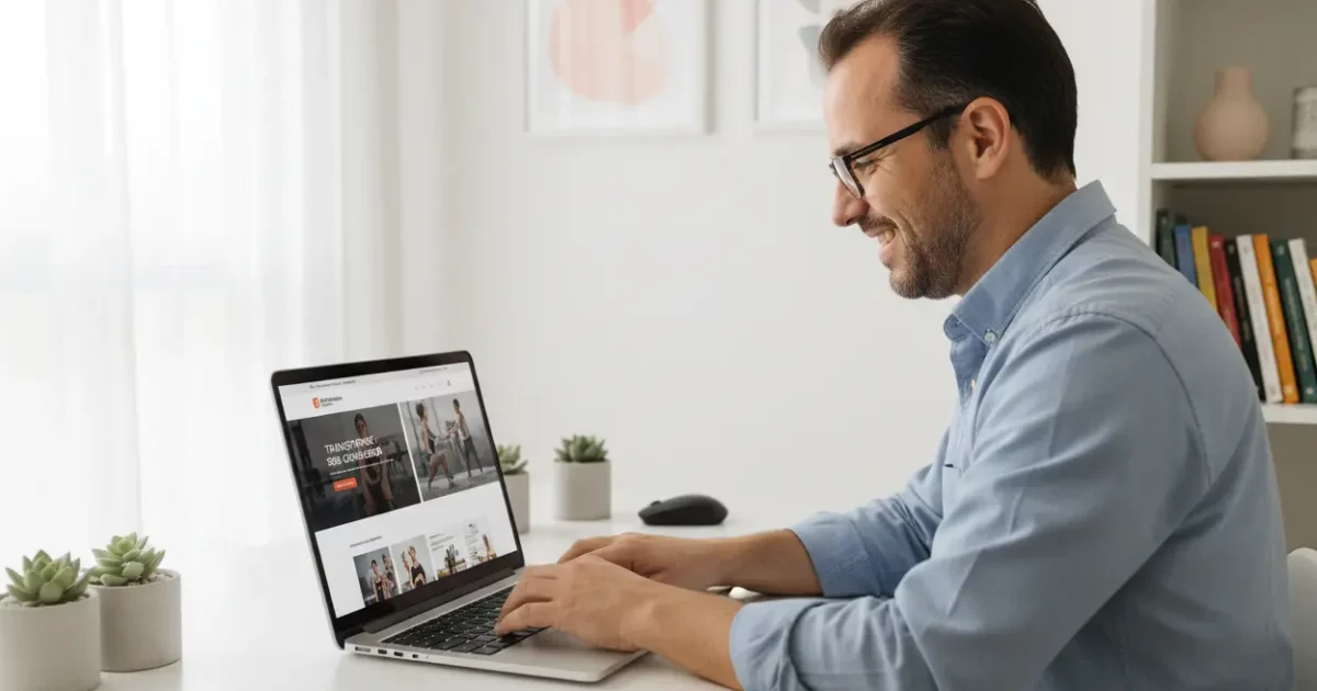 Homem sorrindo enquanto cria um site profissional em seu laptop.