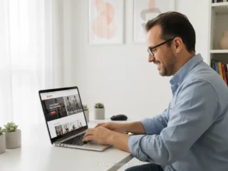 Homem sorrindo enquanto cria um site profissional em seu laptop.
