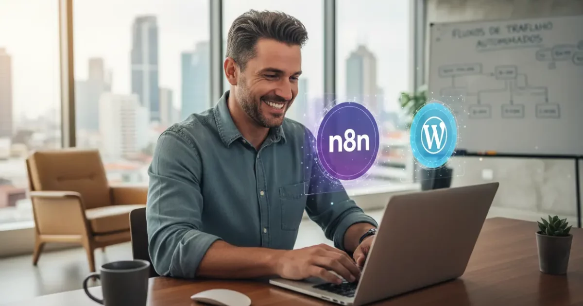 Homem usando n8n para automatizar posts no WordPress