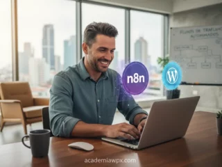 Homem usando n8n para automatizar posts no WordPress