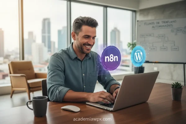 Homem usando n8n para automatizar posts no WordPress