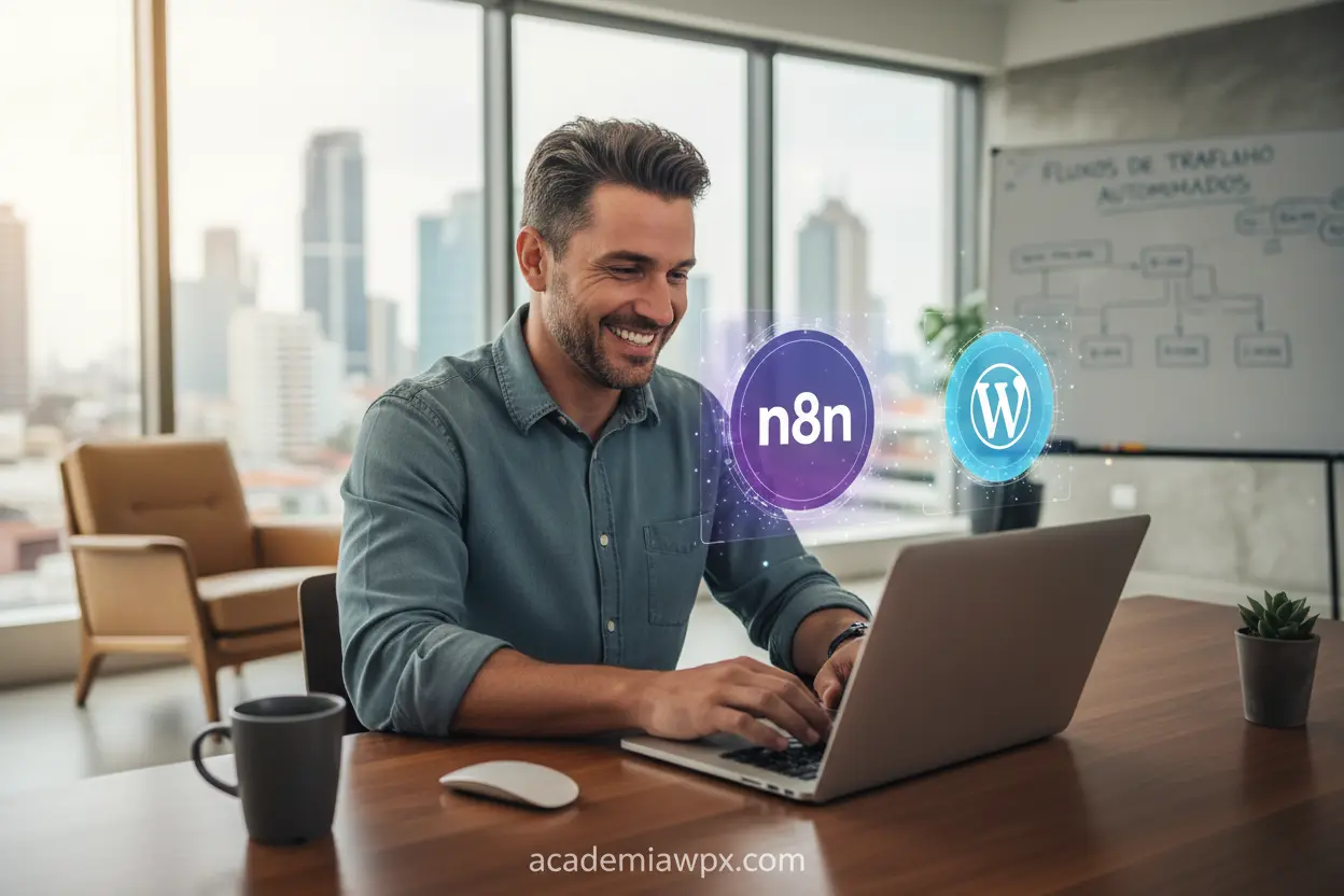 Homem usando n8n para automatizar posts no WordPress