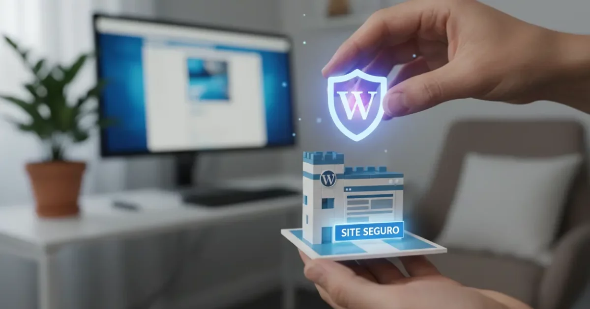 Mãos protegendo um site WordPress com um escudo digital.