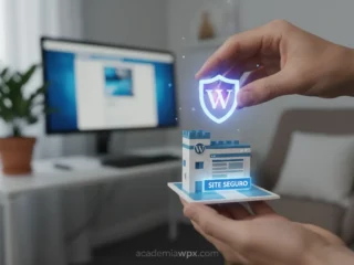 Mãos protegendo um site WordPress com um escudo digital.