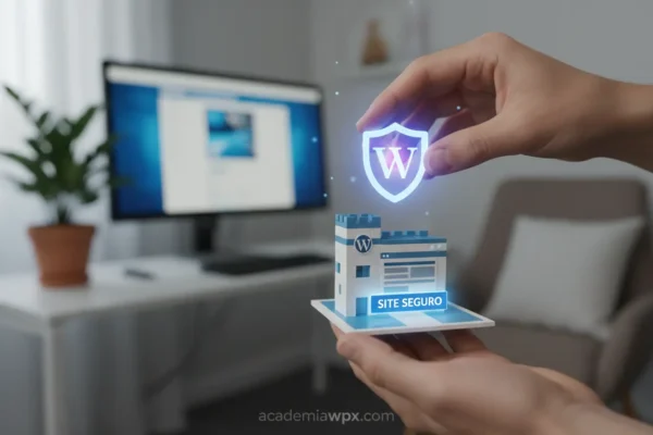 Mãos protegendo um site WordPress com um escudo digital.