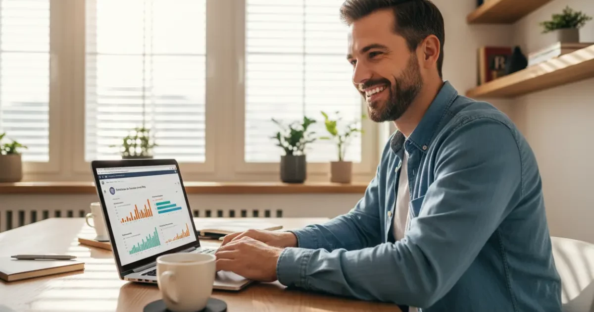 Homem trabalhando em laptop com blog de nicho.