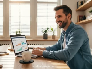 Homem trabalhando em laptop com blog de nicho.