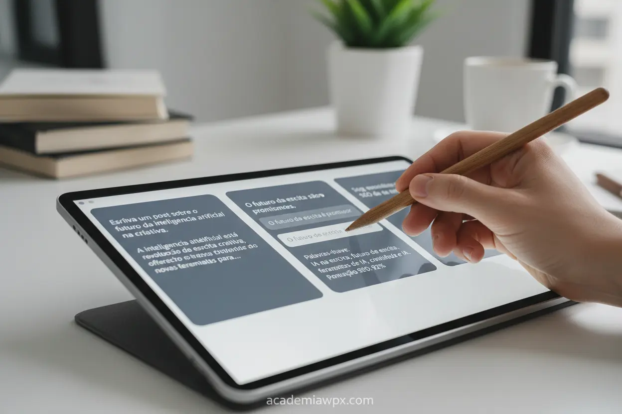 Mão interagindo com ferramentas de IA para escrita.