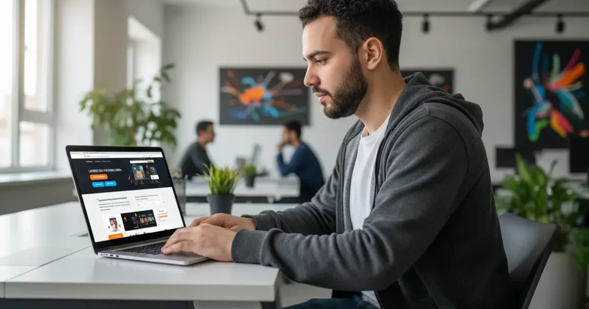 Homem trabalhando em laptop, criando página de vendas com Elementor