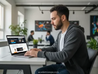 Homem trabalhando em laptop, criando página de vendas com Elementor