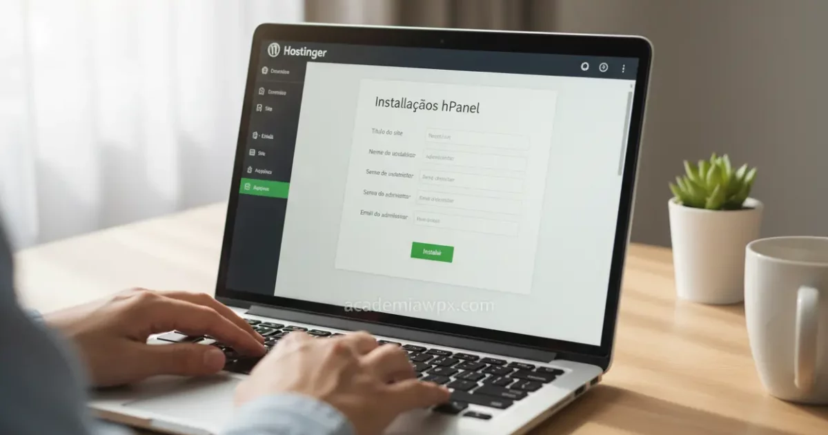 Mãos digitando no laptop com tela do hPanel para instalar WordPress.