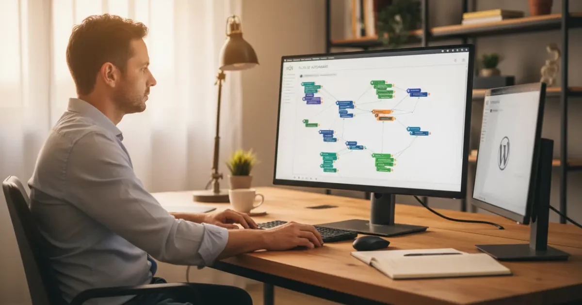 Homem trabalhando em um workflow de n8n no computador.