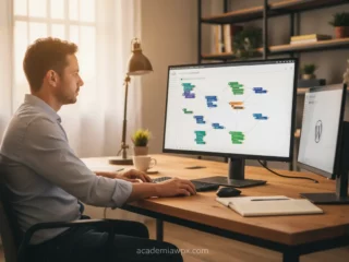 Homem trabalhando em um workflow de n8n no computador.