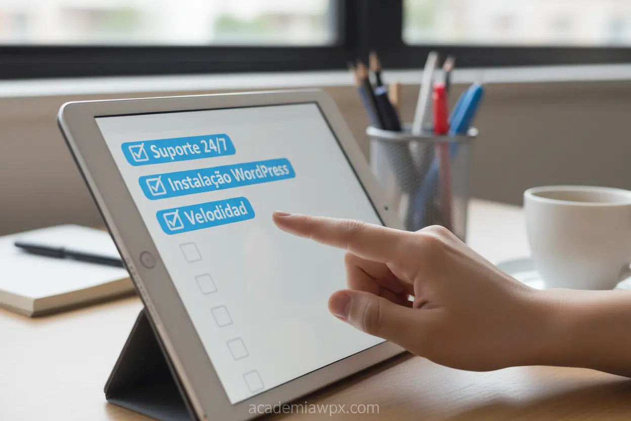 Mão apontando para checklist de recursos de hospedagem