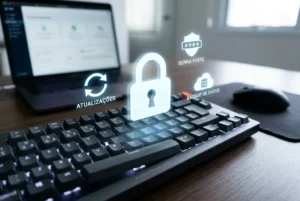 Cadeado digital sobre teclado para proteger o WordPress contra ataques de hackers