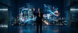 A cinematic wide shot of a modern digital architect acting as a “technical