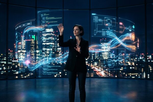 A cinematic wide shot of a modern digital architect acting as a “technical