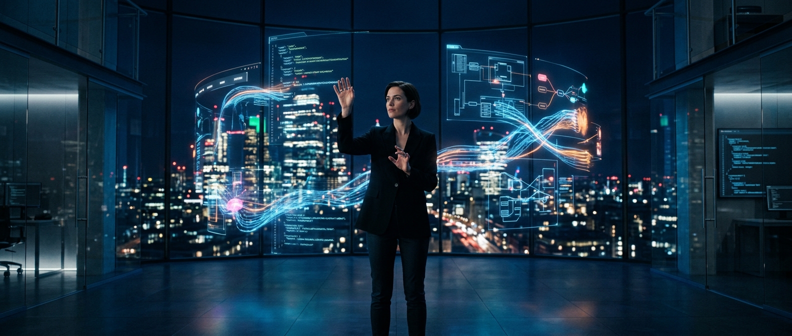 A cinematic wide shot of a modern digital architect acting as a “technical