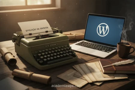 Uma máquina de escrever antiga e um laptop com o logo do WordPress, simbolizando a história do WordPress.