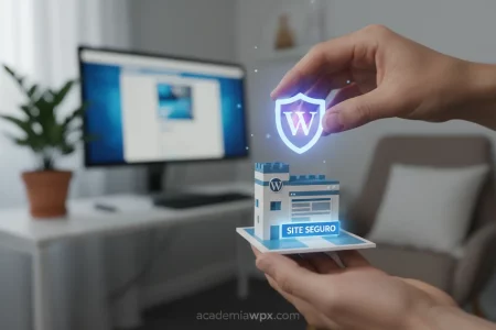 Mãos protegendo um site WordPress com um escudo digital.
