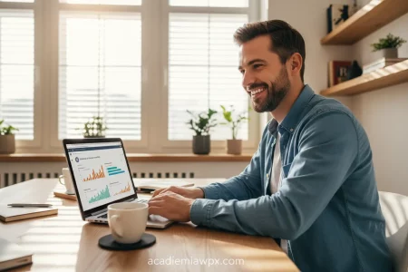 Homem trabalhando em laptop com blog de nicho.