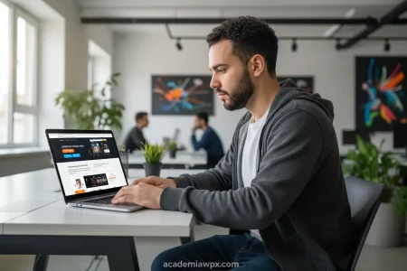 Homem trabalhando em laptop, criando página de vendas com Elementor