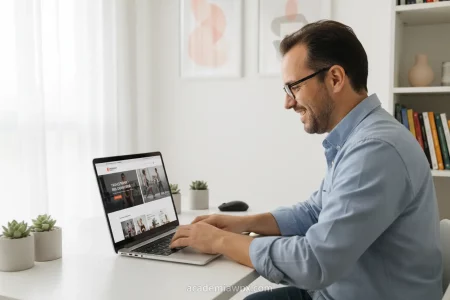 Homem sorrindo enquanto cria um site profissional em seu laptop.