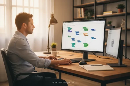 Homem trabalhando em um workflow de n8n no computador.