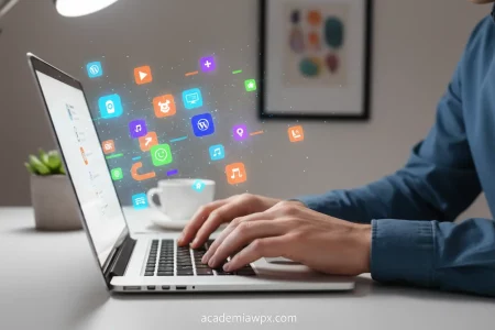 Mãos digitando em laptop com elementos de plugins para Gutenberg flutuando